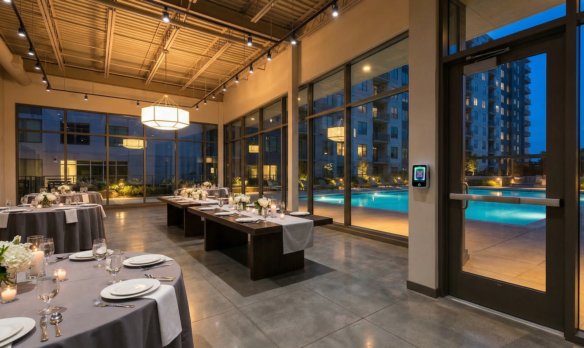 Salão de festas com piscina