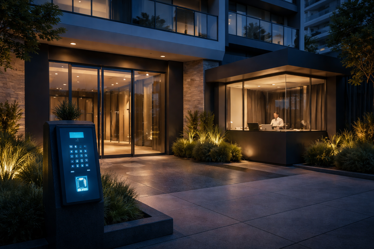 Entrada moderna de condomínio com controle de acesso